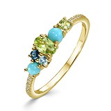 Женское золотое кольцо с бриллиантами, перидотами, бирюзой и топазами