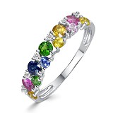 Женское золотое кольцо с бриллиантами, цаворитами, рубинами и сапфирами