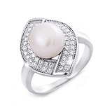 Женское серебряное кольцо с жемчугом и куб. циркониями (R00728PW), фотографии