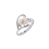 Женское серебряное кольцо с жемчугом и куб. циркониями, 142249