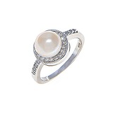 Женское серебряное кольцо с жемчугом и куб. циркониями (R00562PW), фото