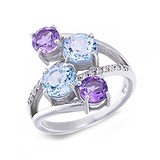 Женское серебряное кольцо с топазами, аметистами и куб. циркониями