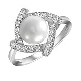 Женское серебряное кольцо с жемчугом и куб. циркониями, 142293