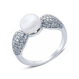 Женское серебряное кольцо с жемчугом и куб. циркониями, 142294