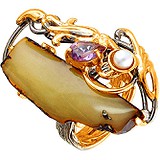Женское серебряное кольцо с куб. цирконием, янтарем и культив. жемчугом в позолоте, 1655808