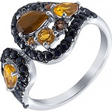 Женское золотое кольцо с синт. сапфирами, раухтопазами, тигровым глазом и цитринами, 1646852
