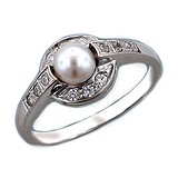 Женское серебряное кольцо с куб. циркониями и культив. жемчугом, 1618437