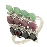 Женское серебряное кольцо с изумрудами, сапфирами, рубинами и куб. циркониями