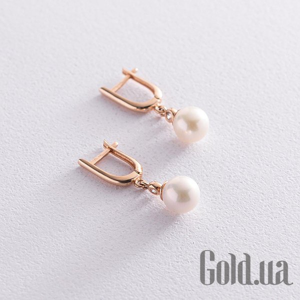 

Серьги с подвесками Украина, Золотые серьги с куб. циркониями и культив. жемчугом