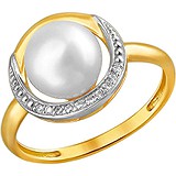 Женское золотое кольцо с куб. циркониями и культив. жемчугом, 1650952