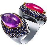 Женское серебряное кольцо с рубином, аметистом и сапфирами в позолоте, 1646605