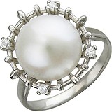 Женское серебряное кольцо с культив. жемчугом и куб. циркониями, 1612303