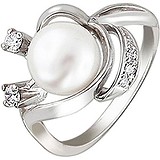 Женское серебряное кольцо с культив. жемчугом и куб. циркониями, 1612306