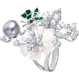 Женское серебряное кольцо с куб. циркониями, эмалью, перламутром и жемчугом, 1650709