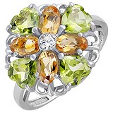 Женское серебряное кольцо с хризолитами, цитринами и куб. цирконием, 1608727