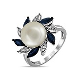Женское золотое кольцо с бриллиантами, сапфирами и культив. жемчугом, 1547546