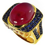 Женское серебряное кольцо с рубином и сапфирами в позолоте, 1611038