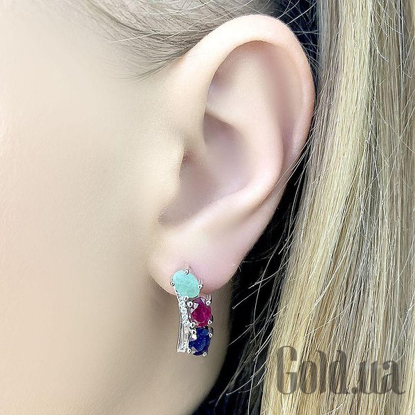 Сережки Fresh Jewelry Срібні сережки з куб. цирконіями, сапфірами, смарагдами та рубінами