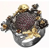 Женское серебряное кольцо с сапфиром, цитринами, гранатами и родолитами в позолоте, 1646627