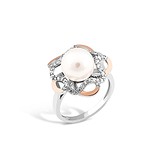 Женское серебряное кольцо с культив. жемчугом и куб. циркониями в позолоте