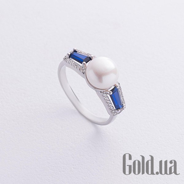 

Женские кольца Украина, Женское серебряное кольцо с куб. циркониями и синт. сапфирами, 17.5