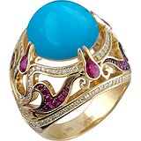 Женское золотое кольцо с бриллиантами, рубинами и бирюзой, 1704243
