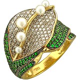 Женское золотое кольцо с бриллиантами, культив. жемчугом и тсаворитами, 1654327