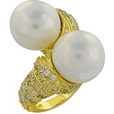 Женское серебряное кольцо с куб. циркониями и жемчугом в позолоте, 1606720
