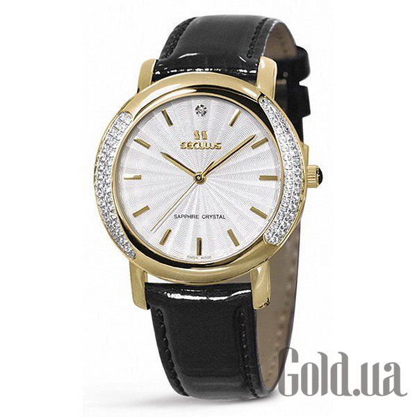 

Швейцарские часы Seculus, 1673.2.1063 white-cz, pvd-y-cz, black leather