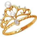 Женское золотое кольцо с куб. циркониями и культив. жемчугом, 1654602