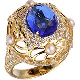 Женское серебряное кольцо с куб. циркониями и жемчугом в позолоте, 1672014