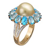 Женское золотое кольцо с бриллиантами, топазами и культ. жемчугом, 1714000