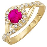 Женское золотое кольцо с куб. циркониями и синт. рубином, 1604946