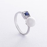 Женское серебряное кольцо с куб. циркониями, синт. сапфироми и искусств. жемчугом, 1796690