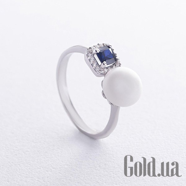 

Женские кольца Украина, Женское серебряное кольцо с куб. циркониями, синт. сапфироми и искусств. жемчугом, 16.5