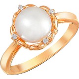 Женское серебряное кольцо с культив. жемчугом и куб. циркониями в позолоте, 1614676