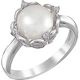 Женское серебряное кольцо с культив. жемчугом и куб. циркониями, 1614677