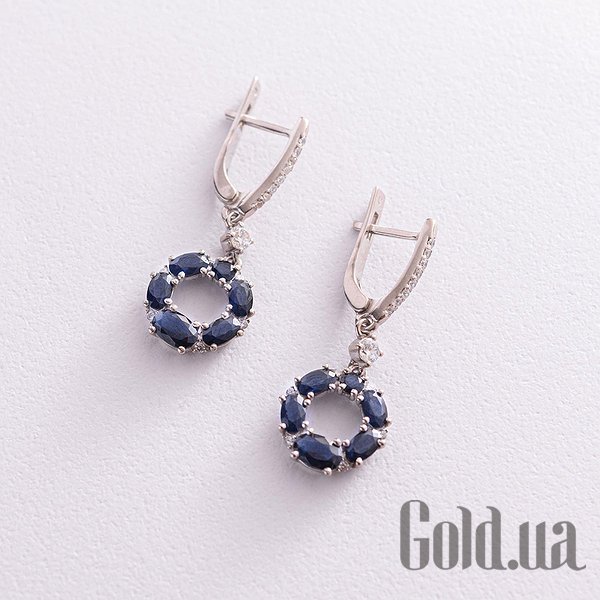 

Серьги с подвесками Украина, Серебряные серьги с куб. циркониями и синт. сапфирами