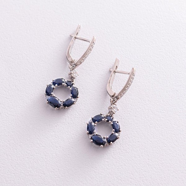 Серебряные серьги с куб. циркониями и синт. сапфирами