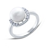 Женское серебряное кольцо с жемчугом и куб. циркониями (R00593PW), фото