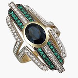 Женское золотое кольцо с бриллиантами, изумрудами и сапфиром, 1637724