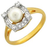 Женское золотое кольцо с культив. жемчугом и куб. циркониями, 1636447