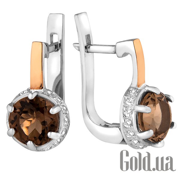 

Серьги JF, Серебряные серьги с раухтопазами, куб. циркониями и вставками из золота