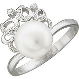 Женское серебряное кольцо с культив. жемчугом и куб. циркониями, 1614692