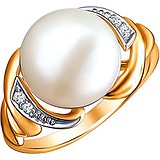 Женское серебряное кольцо с культив. жемчугом и куб. циркониями в позолоте, 1636452