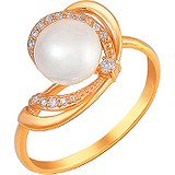 Женское серебряное кольцо с культив. жемчугом и куб. циркониями в позолоте, 1636454