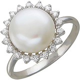 Женское серебряное кольцо с культив. жемчугом и куб. циркониями, 1614959