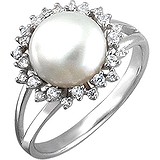 Женское серебряное кольцо с культив. жемчугом и куб. циркониями, 1614706