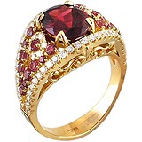 Женское золотое кольцо с гранатами, бриллиантами и родолитами, 1629042