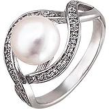 Женское серебряное кольцо с культив. жемчугом и куб. циркониями, 1614965